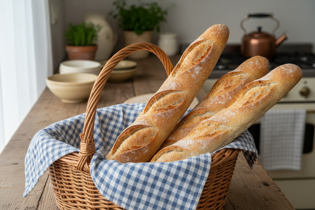 Basket with blue checkered cloth and baguettes