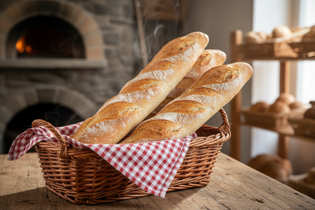 Basket with red checkered cloth and baguettes