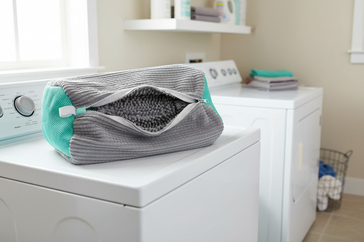 Bolsa gris sobre lavadora