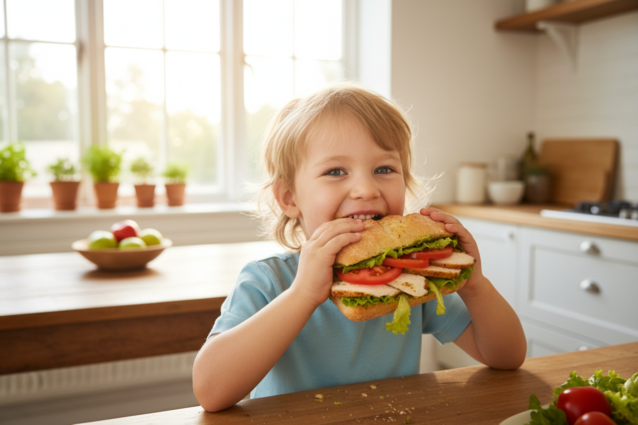Child eating baguette sandwich