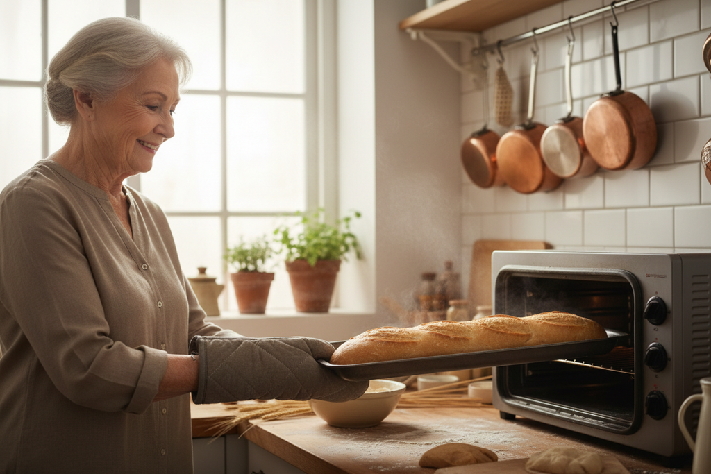 Elderly woman baking French bread