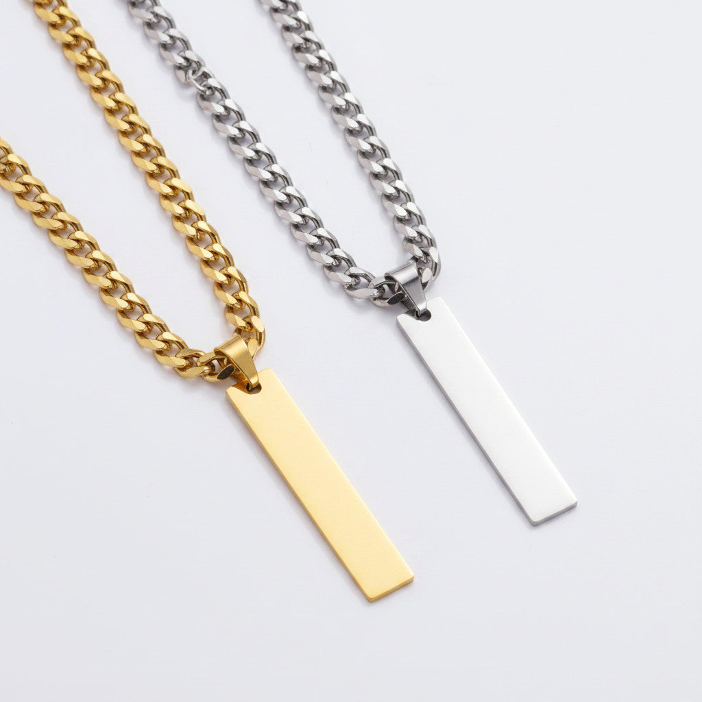 Collares Fortis Steel Dog Tag de Gonzapole-Store en acero inoxidable dorado y plateado con cadena estilo cubana.
