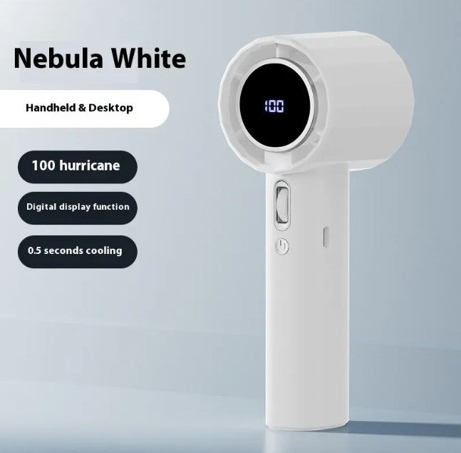 Ventilador de mano Gonzapole-Store color blanco con pantalla digital, diseño de turbina y carga USB para uso portátil