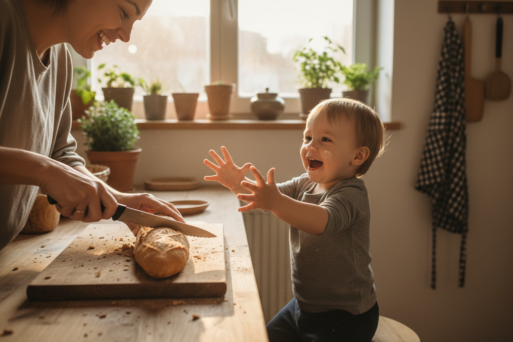 Person slicing bread with child asking for a slice