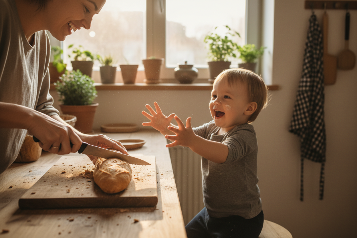 Person slicing bread with child asking for a slice