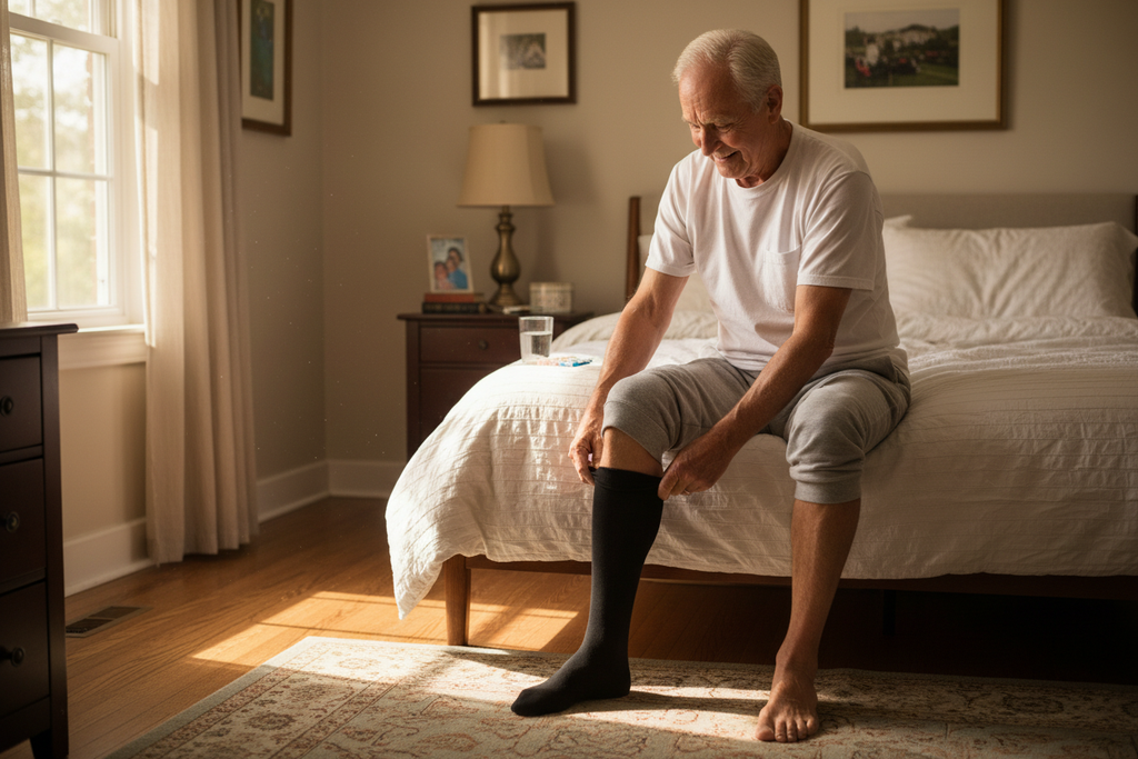 Señor mayor poniéndose compression socks