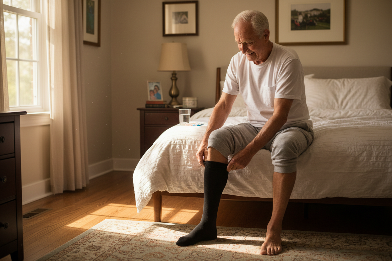 Señor mayor poniéndose compression socks